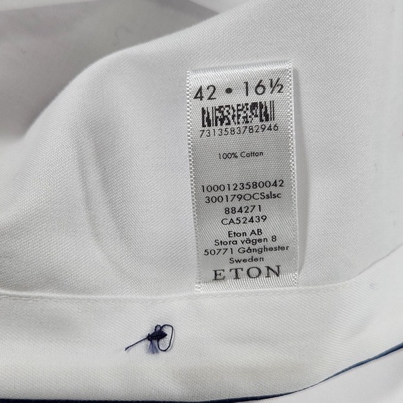Eton Shirt Mens 16.5 42 White Slim Fit Dress Long Sleeve 100% Cotton Solid - Picture 9 of 13